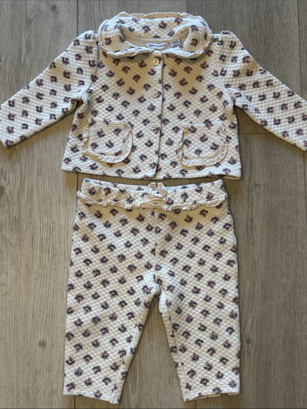 Janie and Jack Cream Quilted Floral Matching Set with Pink Accents